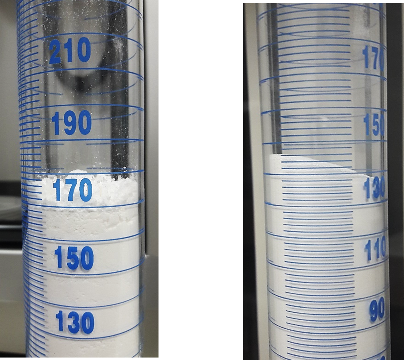 Photo of two powders observed in the granupack classic graduated cylinder